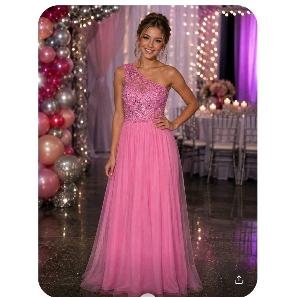Dressalisa Pink One Shoulder Sequin Tulle Maxi Formal Dress Size S
